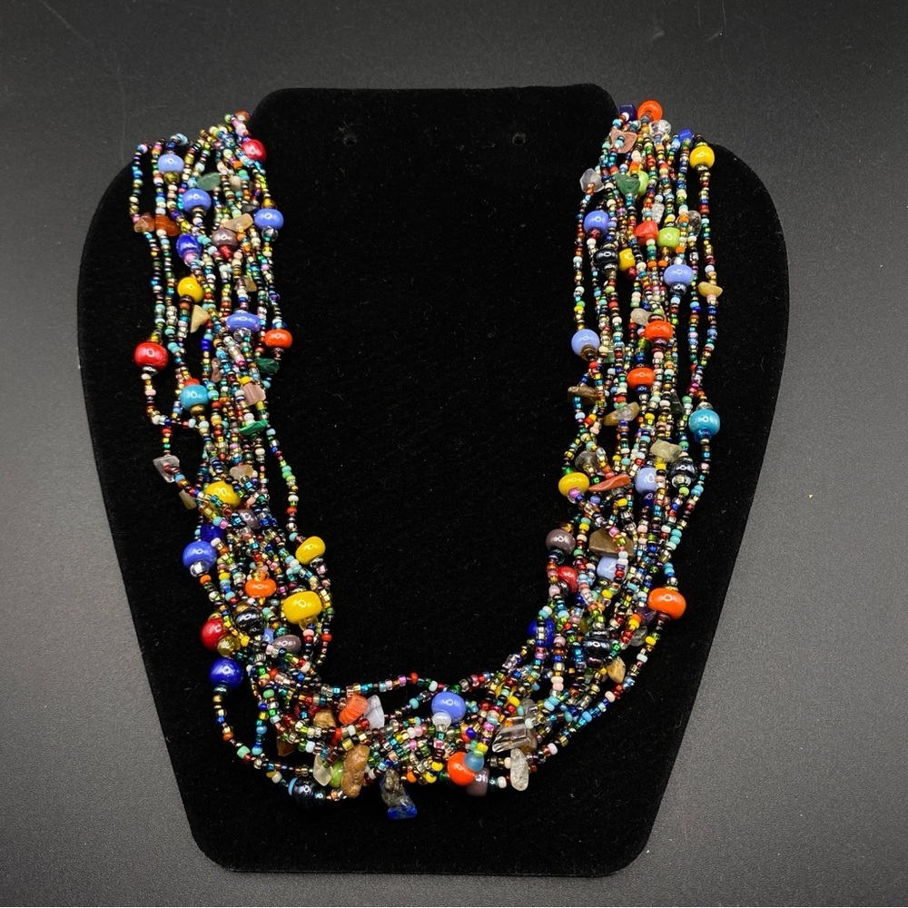 Seed Beads Multi-Strand Porcelain Focal Beads & Natural Stone Chips Necklace